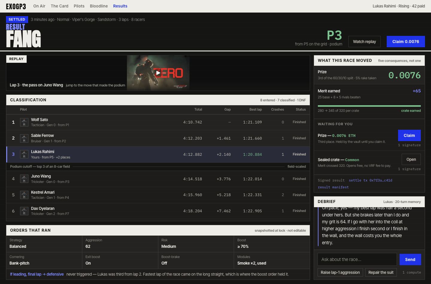 Race result screen
